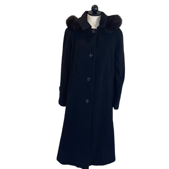 Sachi Collection Vintage Womens Coat Size Medium Black Fur Trim Hooded - Picture 1 of 12
